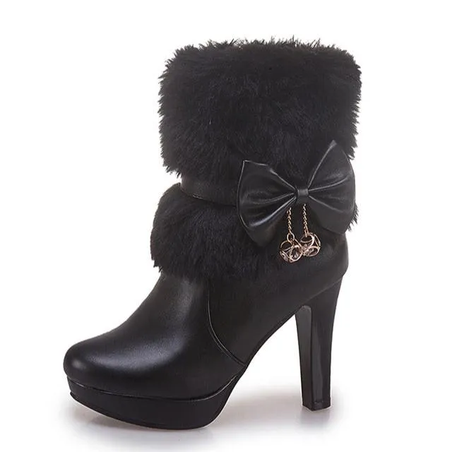 Women's sweet fuzzy cuff bow décor booties for Christmas/wedding